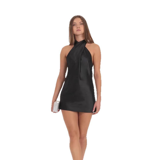 Damen Halterkleid mit schwingendem Rock und elegantem Knotendesign EB