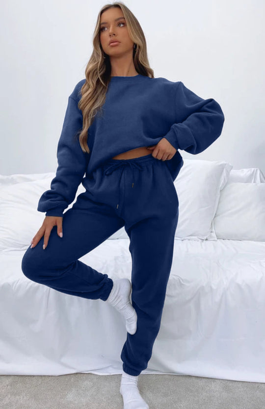 Damen nan zweiteiliges Cozy-Loungewear-Set mit Oversize-Rundhals und hochgeschnittener Jogginghose mit Kordelzug EB