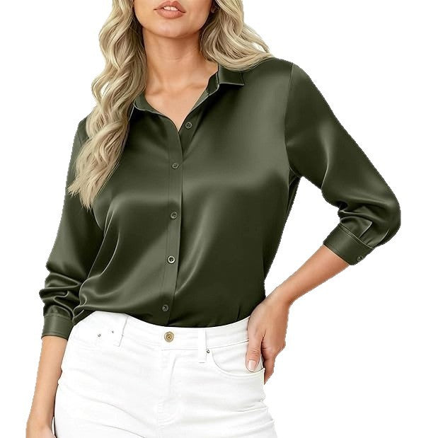 Damen Seidiges Satin-Blusenshirt mit Hemdkragen und dreiviertel Ärmeln EB