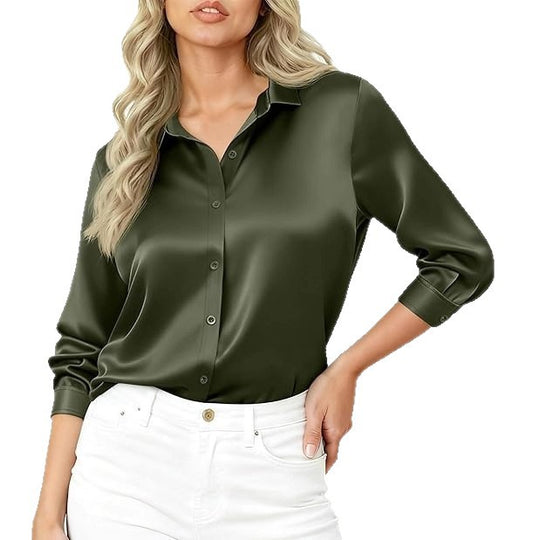 Damen Seidiges Satin-Blusenshirt mit Hemdkragen und dreiviertel Ärmeln EB