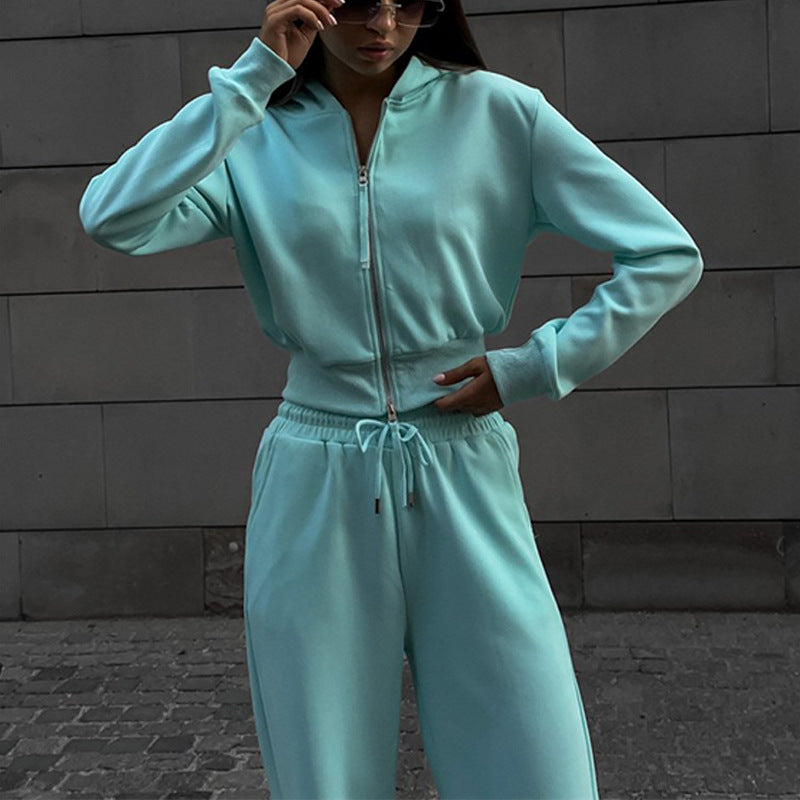 Damen Zweiteiliges Loungewear-Set mit kurzem Zip-Bomber und weiter High-Waist-Palazzohose EB