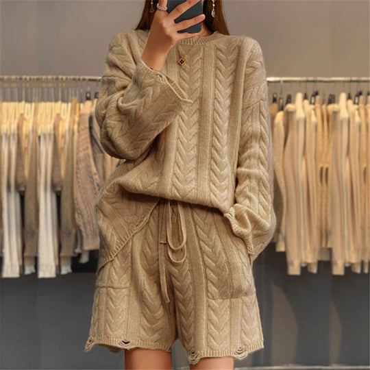 Damen nan kuscheliges Zopfmuster-Strickset mit Rundhals-Pullover und Taillen-Shorts EB