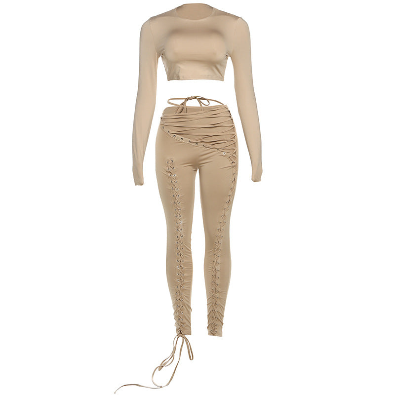 Damen Crop-Top und Hoch geschnittene Leggings mit Schnürdetails EB