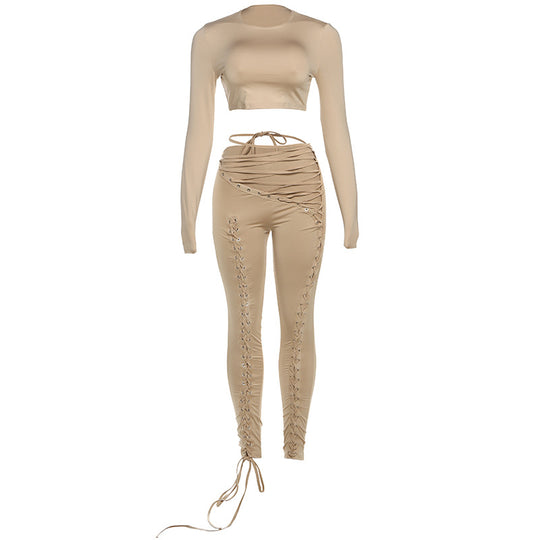 Damen Crop-Top und Hoch geschnittene Leggings mit Schnürdetails EB