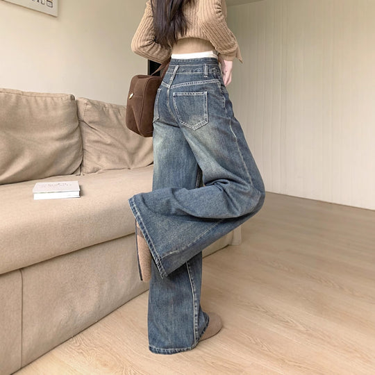 Damen Bequeme High-Waist Weitjeans mit Knopfdetail und modernen Taschen EB