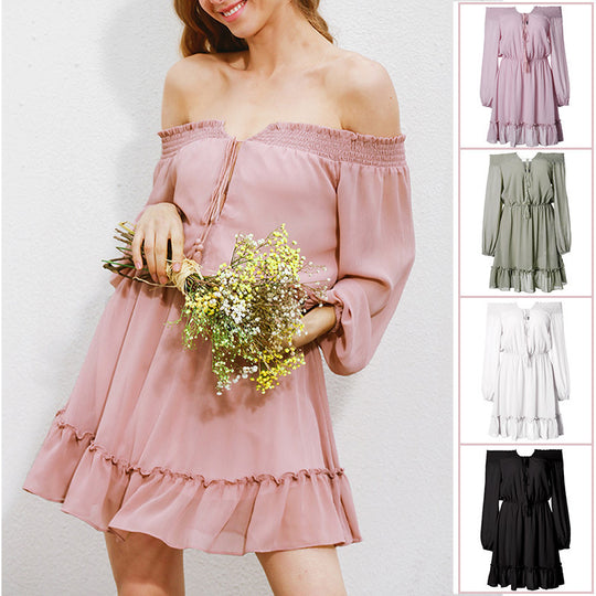 Damen Off-Shoulder Kleid mit Rüschendetails und elastischem Taillenzug EB