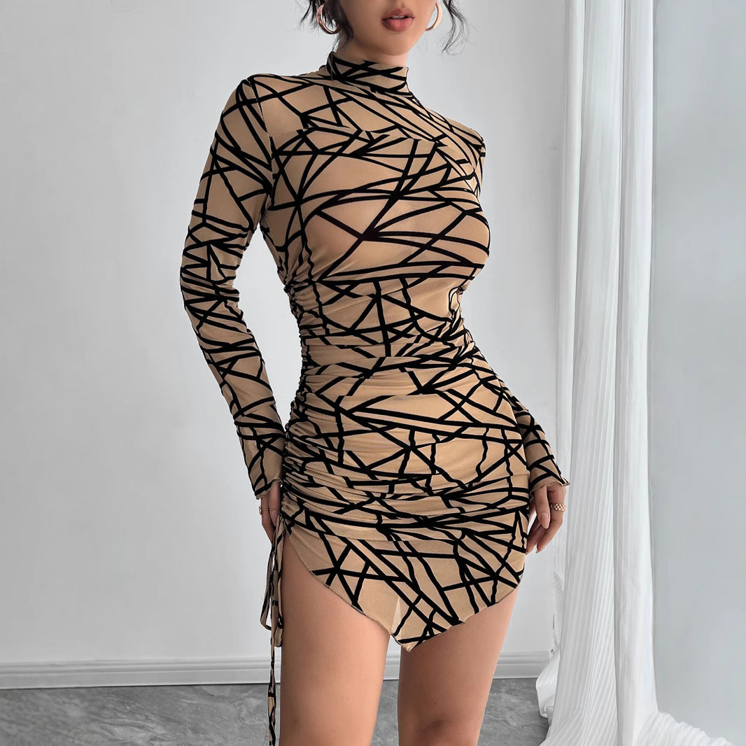 Damen nan figurbetontes transparentes Langarm Minikleid mit Rollkragen und seitlicher Raffung EB