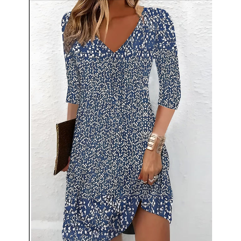 Damen V-Ausschnitt Kleid mit modernem Aquarellmuster EB