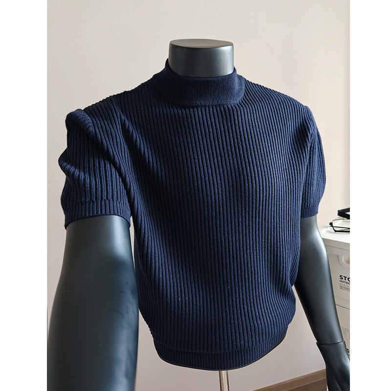 Herren nan kurzärmeliges Rippstrick-Shirt mit Stehkragen und schmaler Passform EB