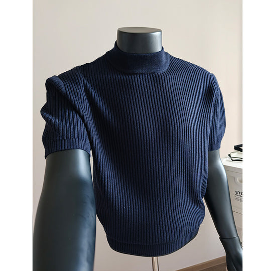 Herren nan kurzärmeliges Rippstrick-Shirt mit Stehkragen und schmaler Passform EB