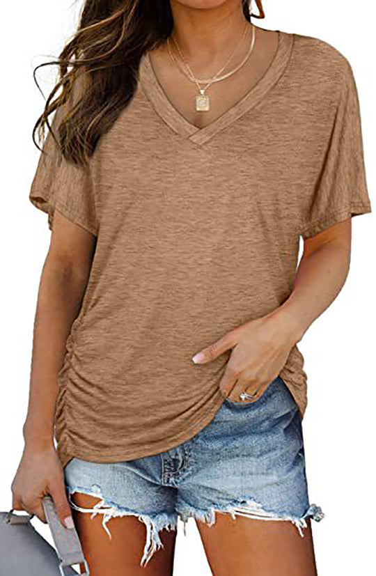 Damen V-Ausschnitt T-Shirt mit dekorativem Raffungseffekt EB
