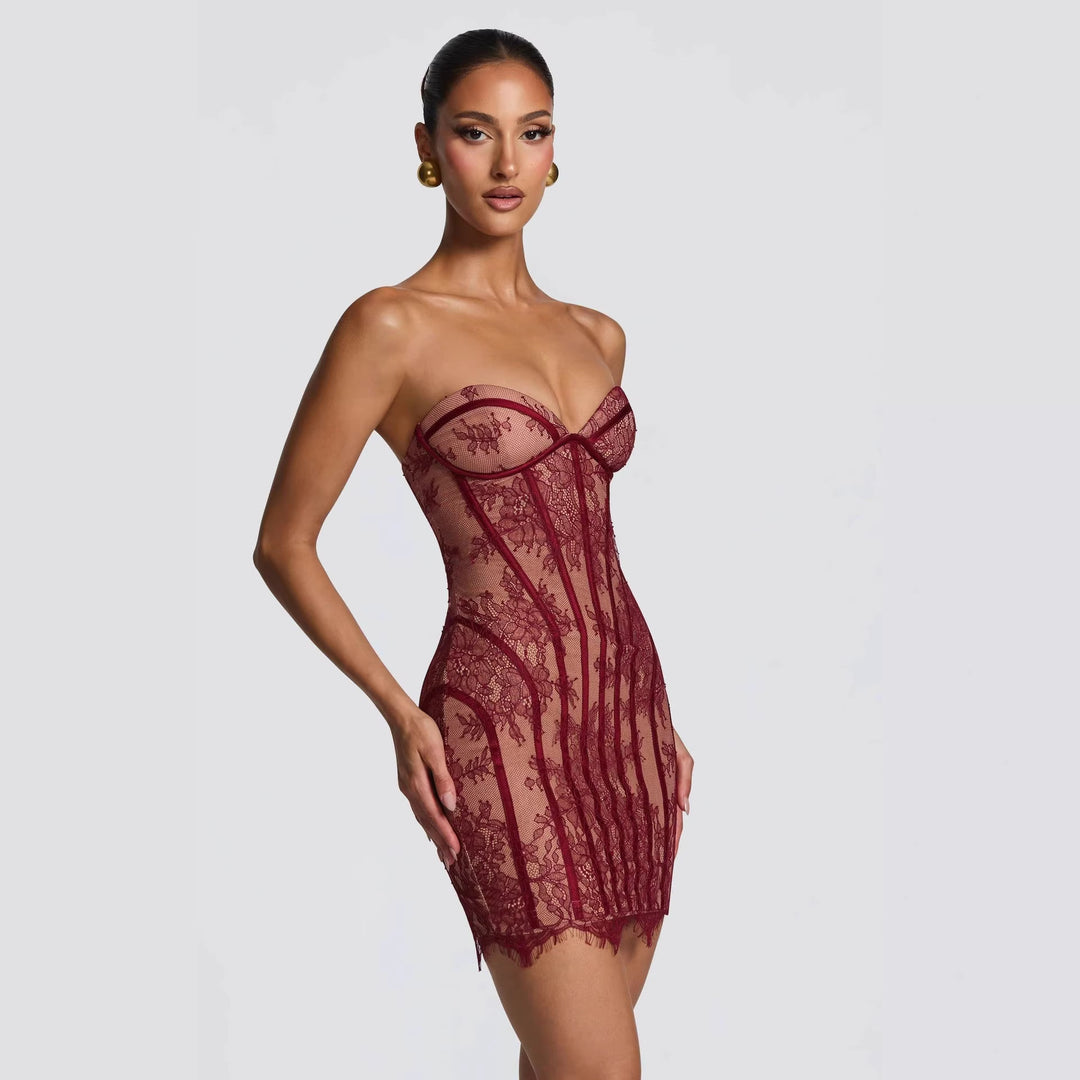 Damen Elegantes Korsettkleid mit Spitzenverzierung und transparenter Optik EB