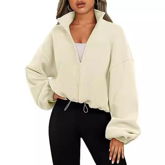Damen Oversized Sweatjacke mit halbem Reißverschluss und Kordelzug EB