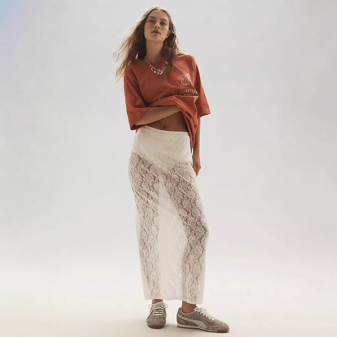 Damen Spitzenrock im langen, eleganten Design mit hohem Schlitz EB