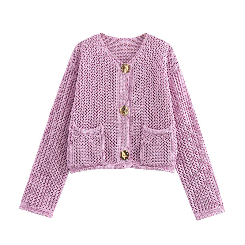 Damen Modische Strickjacke mit dekorativem Häkelmuster EB