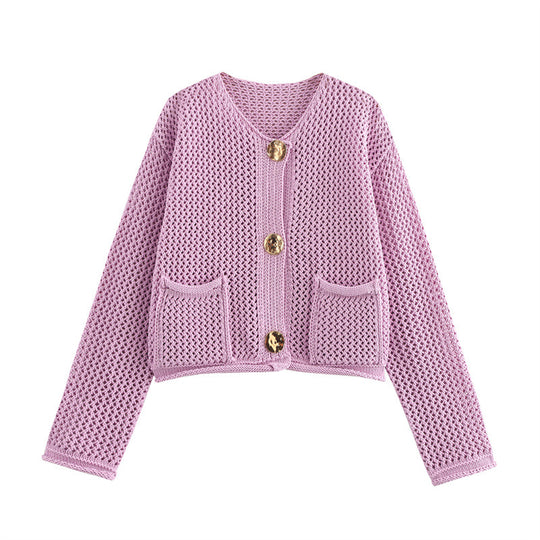 Damen Modische Strickjacke mit dekorativem Häkelmuster EB