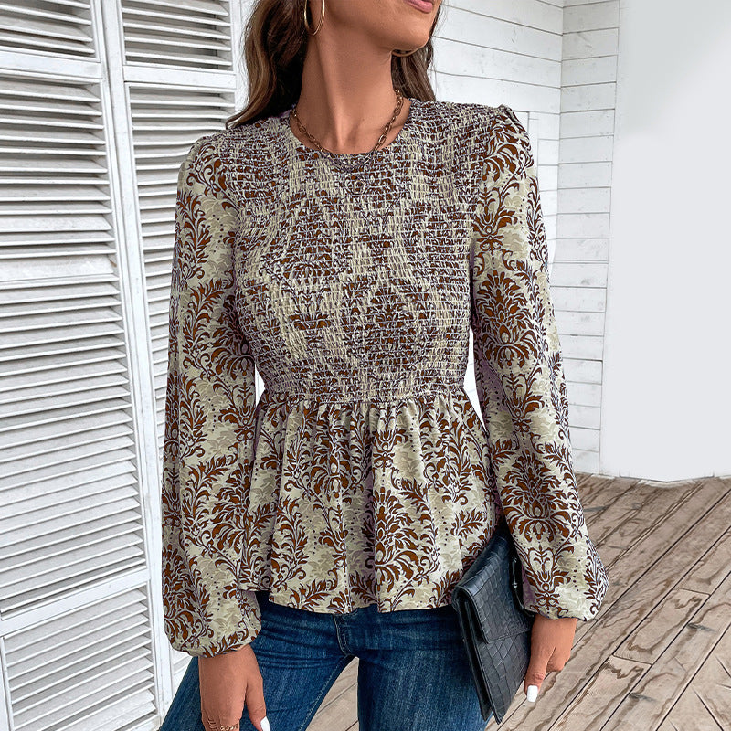 Damen Elegante Bluse mit raffiniertem Floral-Design und Puffärmeln EB