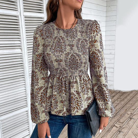 Damen Elegante Bluse mit raffiniertem Floral-Design und Puffärmeln EB
