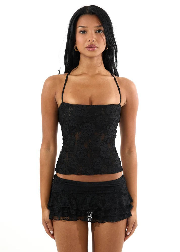Damen Spaghetti-Träger Crop-Top mit Spitzenmuster EB