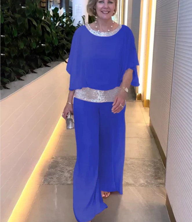 Damen Eleganter Jumpsuit mit schimmerndem Oberteil und weitem Bein EB