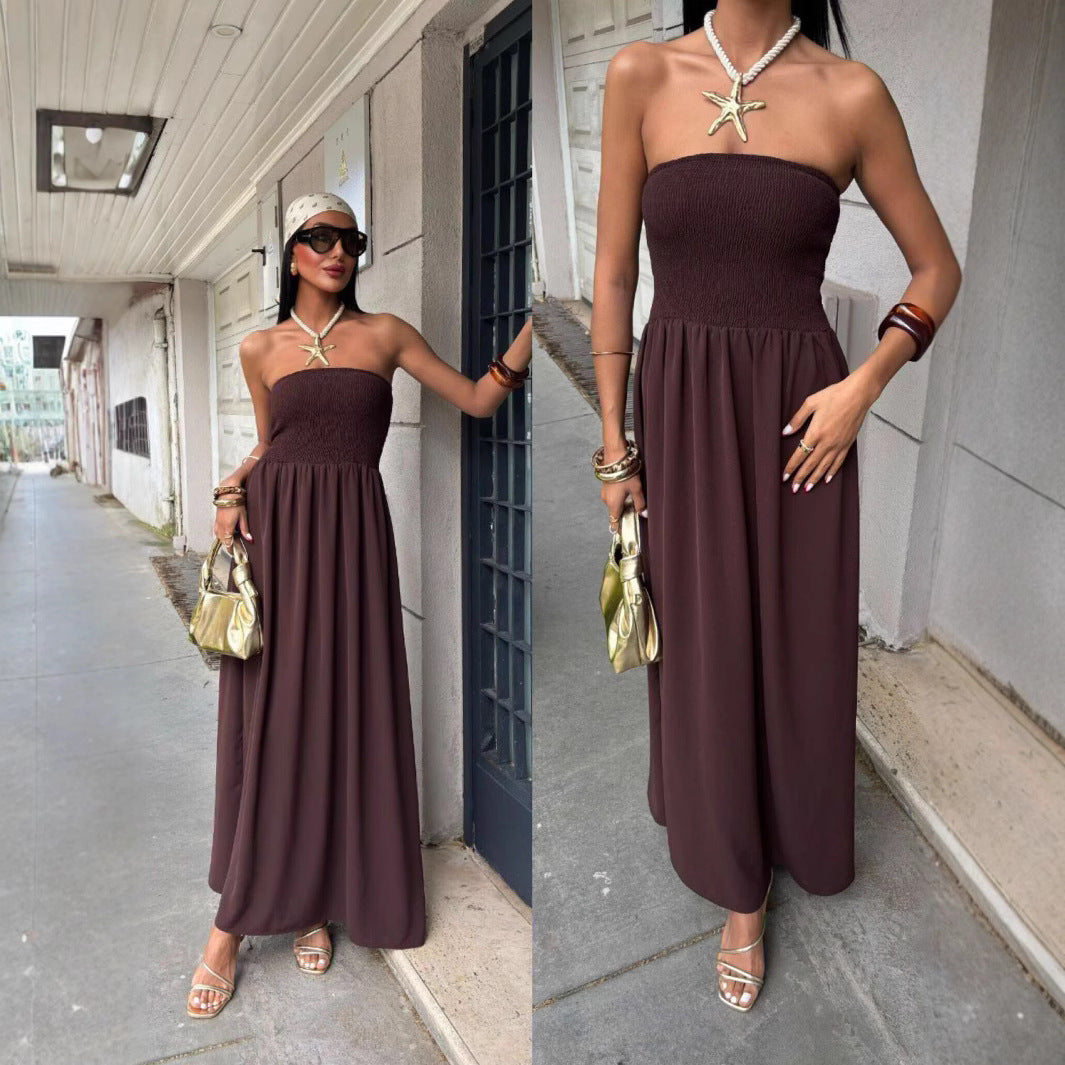 Damen elegantes Maxikleid mit schulterfreiem Design und elastischem Tailleneinsatz EB