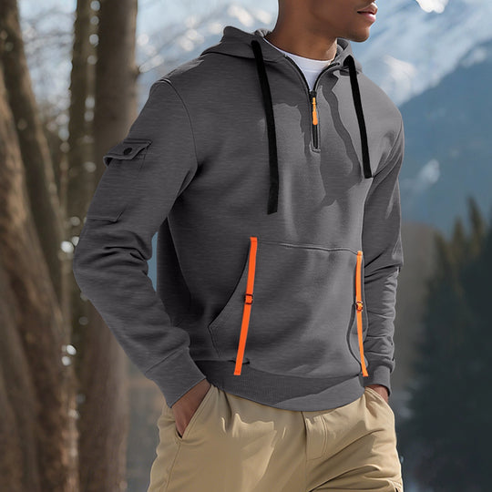 Herren nan urbaner Tech-Kapuzen-Halbzippullover mit Utility-Ärmeltasche, Kängurutasche und verstellbaren Zipper-Bändern EB