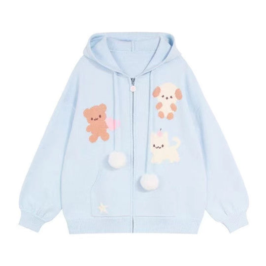 Damen Kapuzenjacke mit verspielten Tiermotiven und Pompoms EB