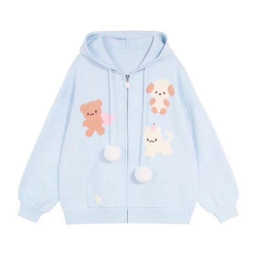 Damen Kapuzenjacke mit verspielten Tiermotiven und Pompoms EB
