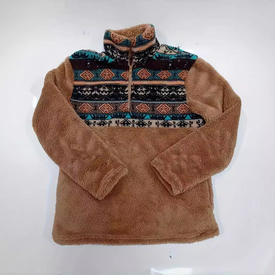 Damen Fleece-Pullover mit modischem Reißverschluss und buntem Muster EB