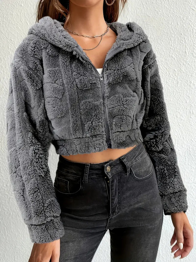 Damen Kuschelige Fleecejacke mit Reißverschluss und Kapuze EB