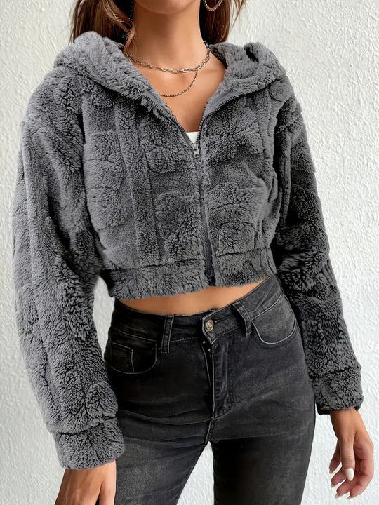 Damen Kuschelige Fleecejacke mit Reißverschluss und Kapuze EB