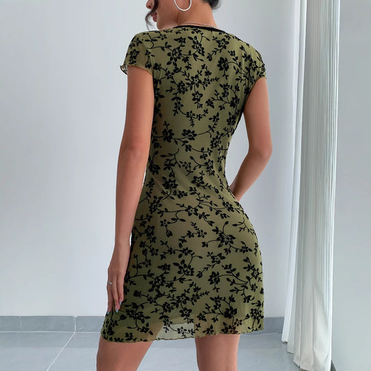 Damen Mini Kleid mit floralen Mustern und tiefem V-Ausschnitt EB