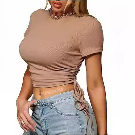Damen trendiges Cropped T-Shirt mit Raffung und Bändchen EB