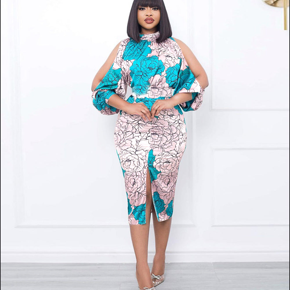 Damen elegantes Wickelkleid mit floralem Muster und modischen Cut-Out-Ärmeln EB