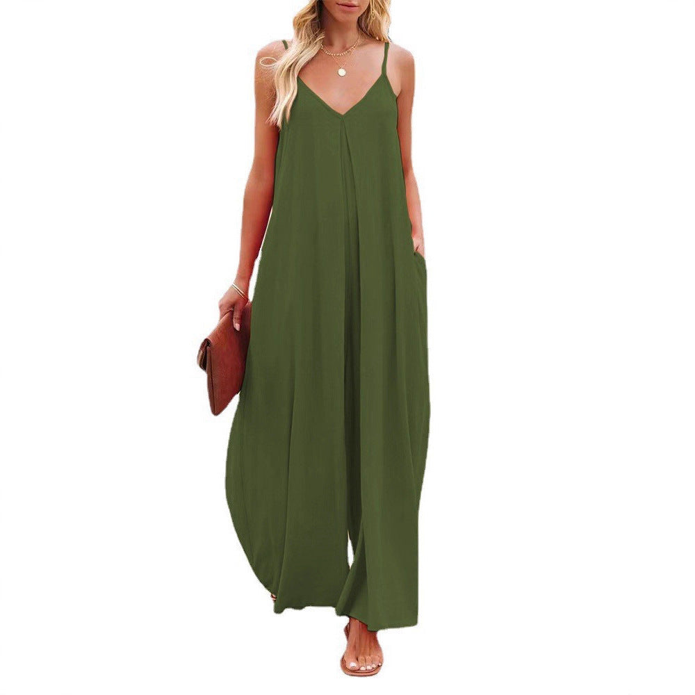 Damen Maxi-Jumpsuit mit elegantem V-Ausschnitt und seitlichen Taschen EB