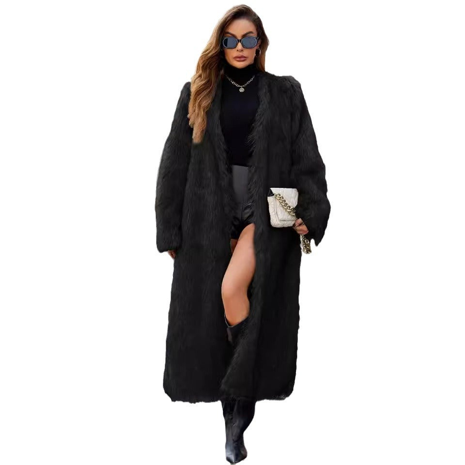 Damen Lange Kunstpelzjacke mit lässiger Passform und tiefem Kragen EB