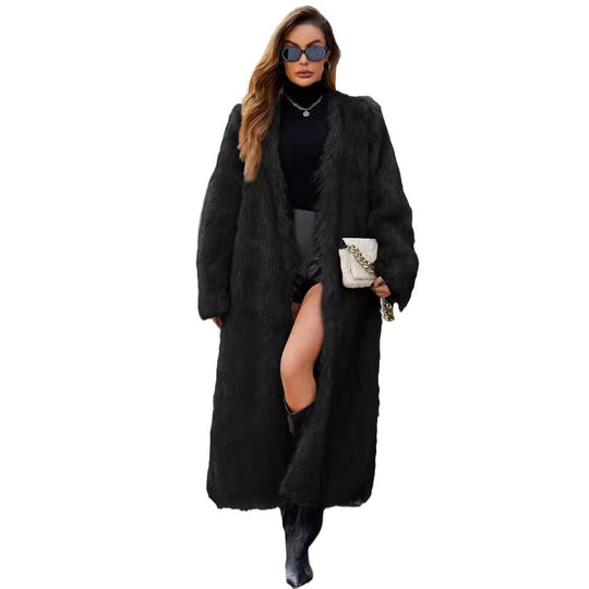 Damen Lange Kunstpelzjacke mit lässiger Passform und tiefem Kragen EB