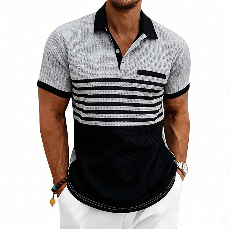 Herren nan Jacquard-Polo mit Blockstreifen, Brustblende und Baumwollmix EB