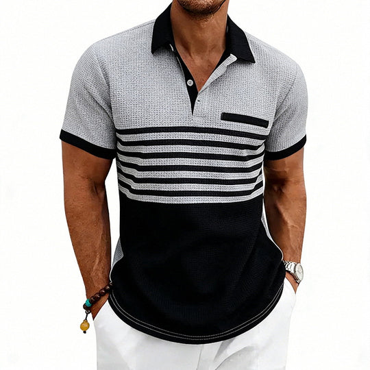 Herren nan Jacquard-Polo mit Blockstreifen, Brustblende und Baumwollmix EB