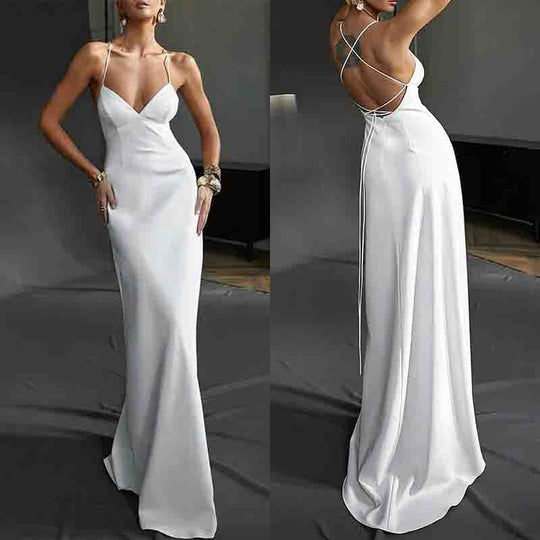 Damen Elegantes Abendkleid mit tiefem V-Ausschnitt und schulterfreien Trägern EB