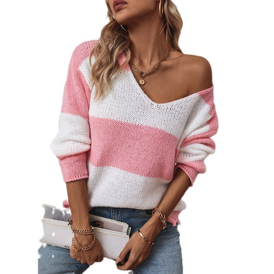 Damen lässiger V-Ausschnitt Strickpullover mit großzügigem Streifenmuster EB