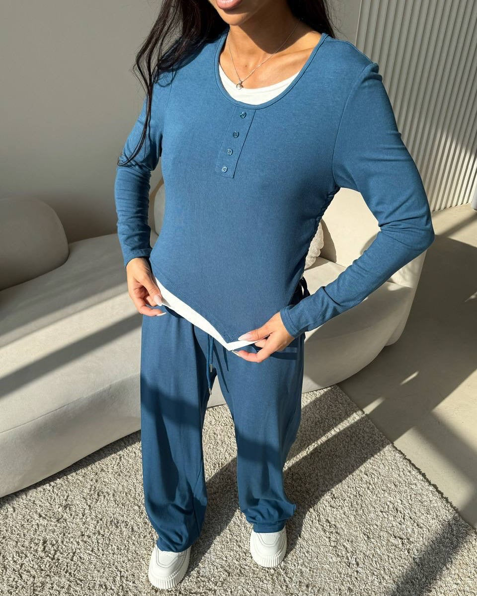 Damen lässiges Freizeit-Set mit Knopfdetails und elastischem Bund EB