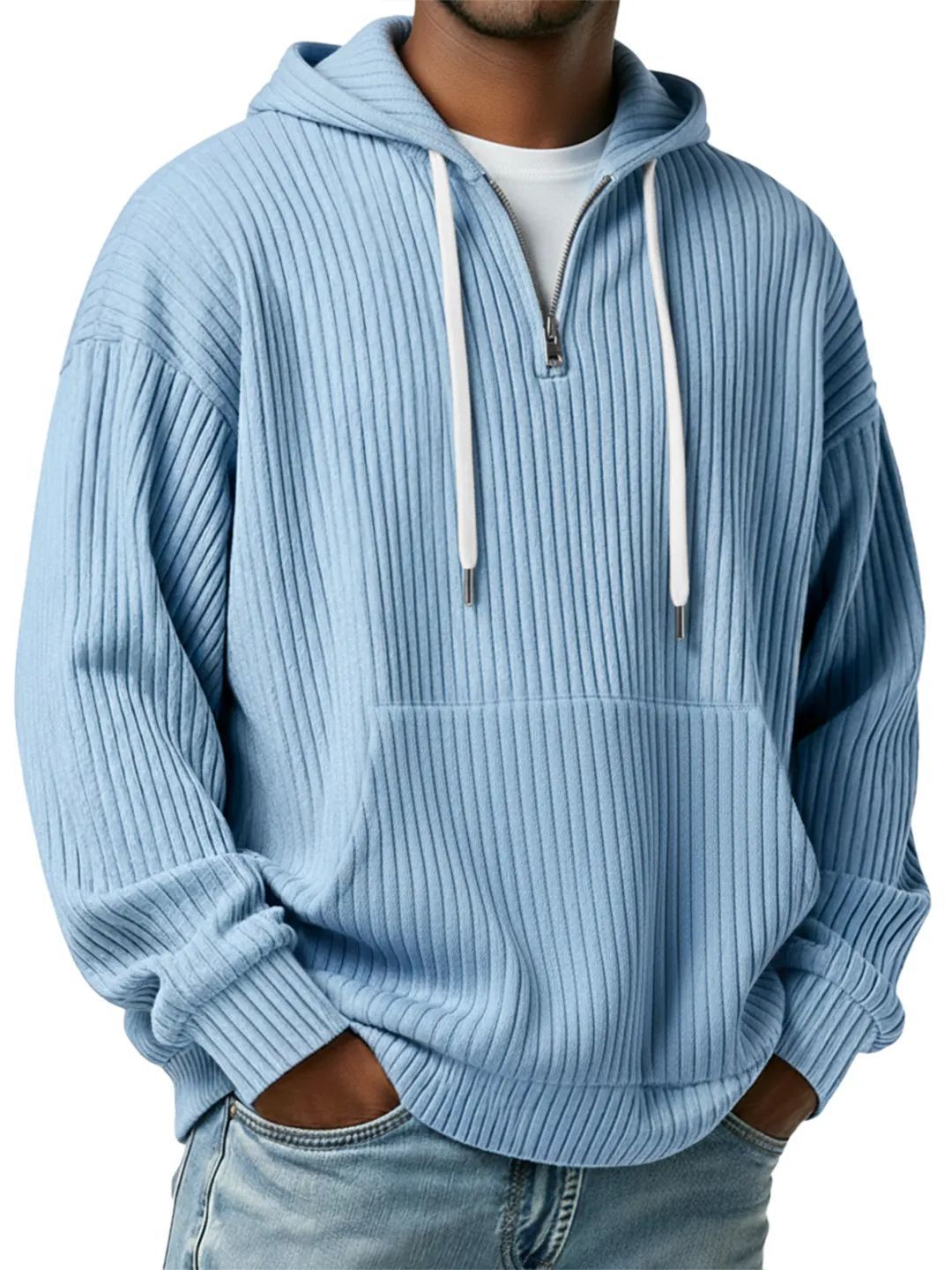 Herren nan gerippter Halfzip-Hoodie mit Kapuze, Kängurutasche und oversized Casual-Schnitt EB