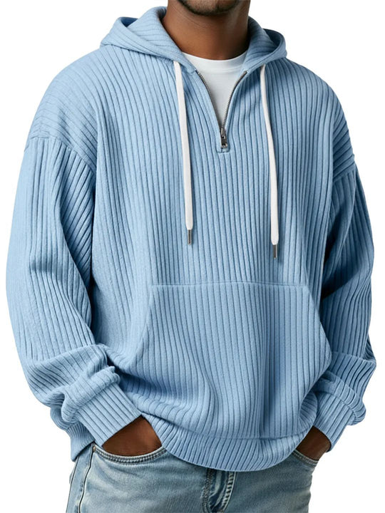 Herren nan gerippter Halfzip-Hoodie mit Kapuze, Kängurutasche und oversized Casual-Schnitt EB
