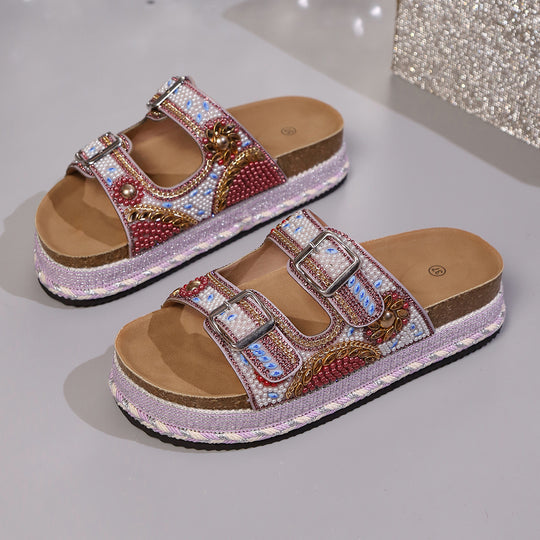Damen Bequeme und modische Platform-Sandalen mit verstellbaren Riemen und bunten Applikationen EB