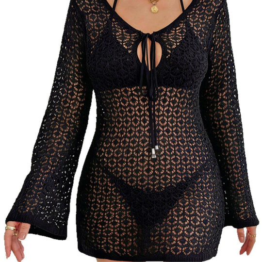 Damen Häkel-Strandkleid mit tiefem V-Ausschnitt und breiten Ärmeln EB