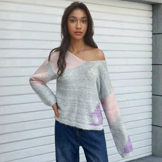 Damen kreativer Strickpullover mit asymmetrischem Ausschnitt und buntem Design EB