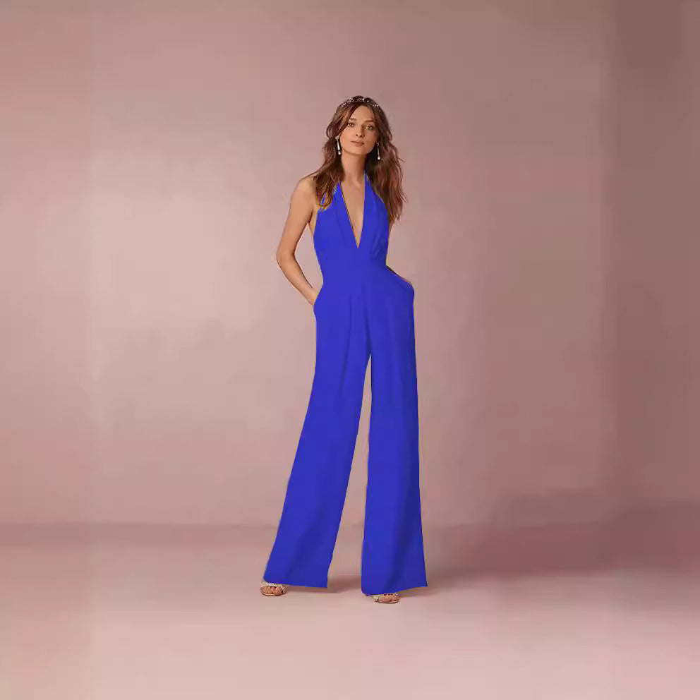 Damen Eleganter Jumpsuit mit tiefem V-Ausschnitt und weitem Bein EB