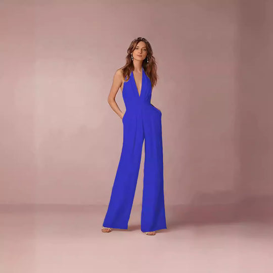 Damen Eleganter Jumpsuit mit tiefem V-Ausschnitt und weitem Bein EB