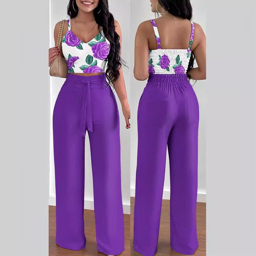 Damen Zweiteiliges Set aus floralem Oberteil und weiten Hosen EB